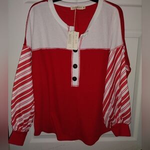 Red and White Button-Up Women's Top